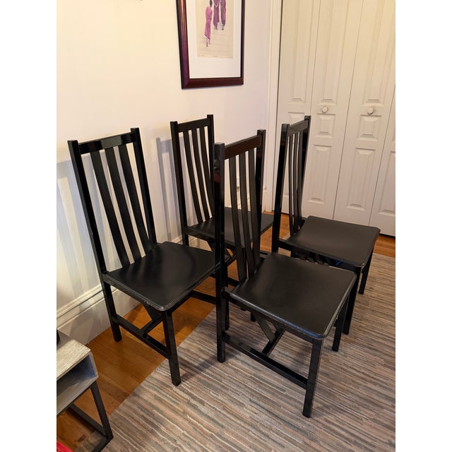 1980s Set of 4 Postmodern Black Wood and Leather Strap Dining Chairs For Sale - Image 11 of 12