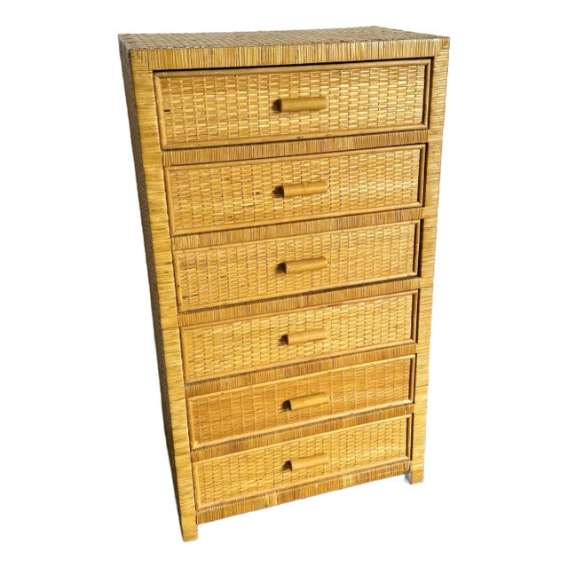 Boho Chic Wicker Wrapped Highboy Dresser - 6 Drawers For Sale