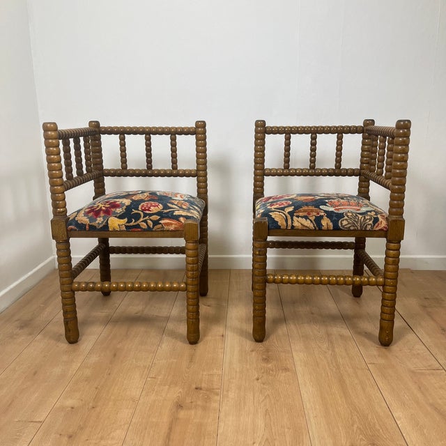 20th Century Corner Chairs in Turned Wood with Bobbins and Fabric Seats, 1950s, Set of 2 For Sale - Image 4 of 14