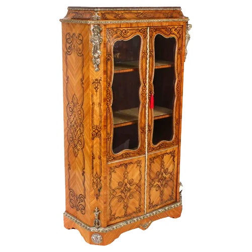 Antique Loius XV Revival Marquetry Kingwood Vitrine Display Cabinet For Sale