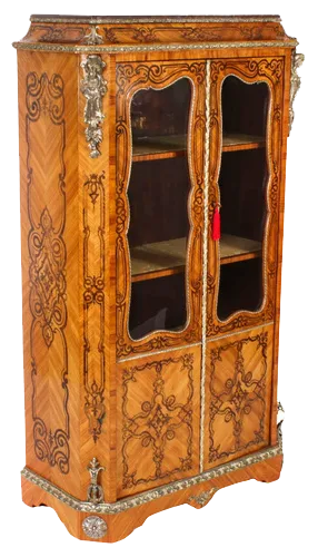 Antique Loius XV Revival Marquetry Kingwood Vitrine Display Cabinet