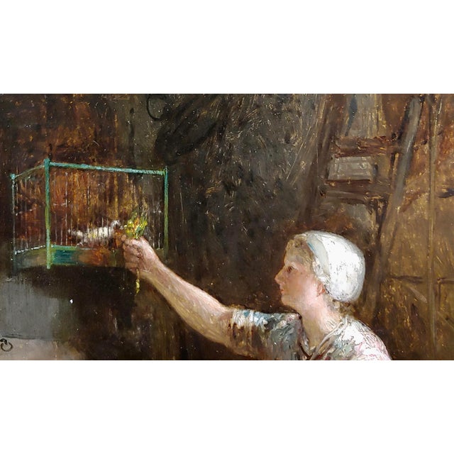 Mid 19th Century Jacobus Burgers 19th Century Dutch Girl Feeding Her Birds - Oil Painting For Sale - Image 5 of 8