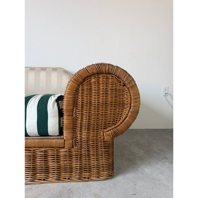1970s Vintage Coastal Organic - Rattan Armchair With Rolled Arms & Striped Cushions For Sale - Image 10 of 15