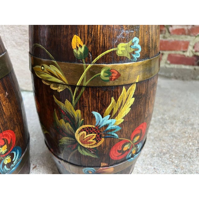 Pair Set Antique English Oak Barrel Jardinière Planter Rosemaling Hand Painted For Sale - Image 15 of 18