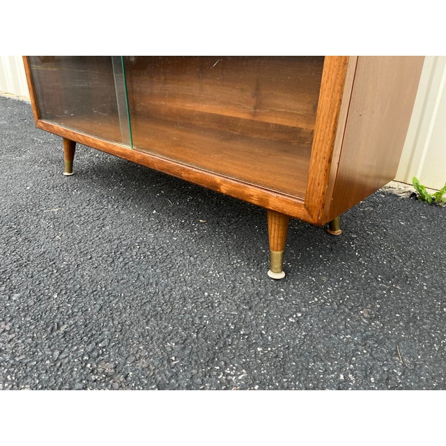 Wood Mid Century Modern Walnut Bookcase With Sliding Glass Doors For Sale - Image 7 of 12