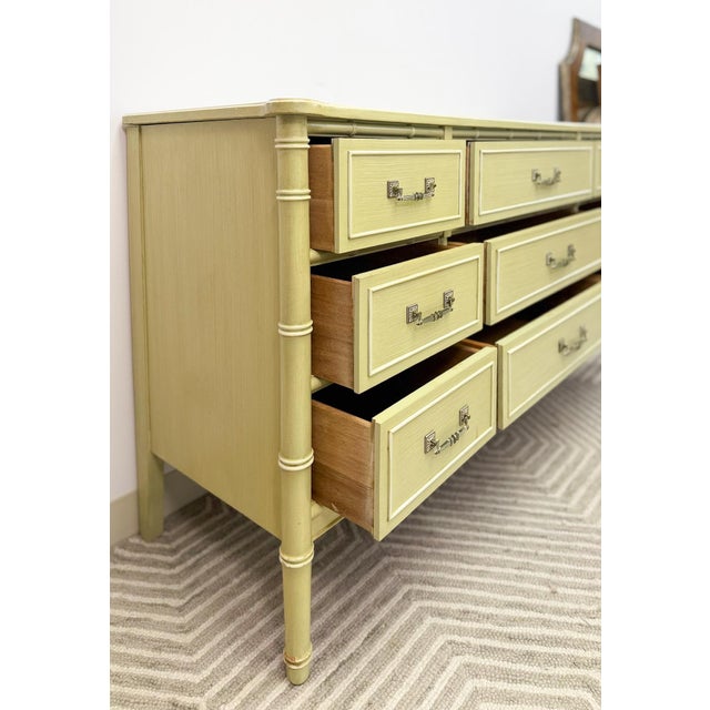 Late 20th Century Henry Link Bali Hai 9 Drawer Dresser Green W/ Mirror Regency Vintage For Sale - Image 10 of 18