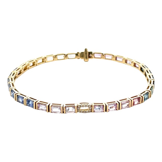14k Yellow Gold Tennis Bracelet With Rainbow Sapphires and Diamonds For Sale