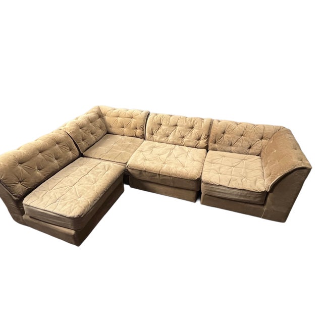 1970s Vintage 70s Gold Suede Style Modular Couch For Sale - Image 5 of 6