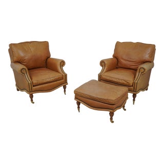 Pair McKinley Leather Club Chairs W. Ottoman For Sale
