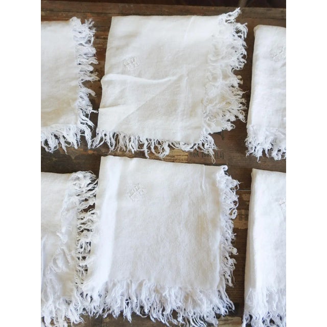 Textile Antique White Damask Fringed Napkins With Monogram - Set of 8 For Sale - Image 7 of 7