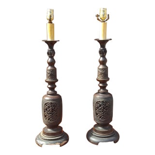 1880s Meiji Japanese Bronze Candlesticks Table Lamps - a Pair For Sale