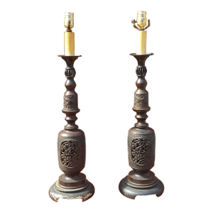 1880s Meiji Japanese Bronze Candlesticks Table Lamps - a Pair