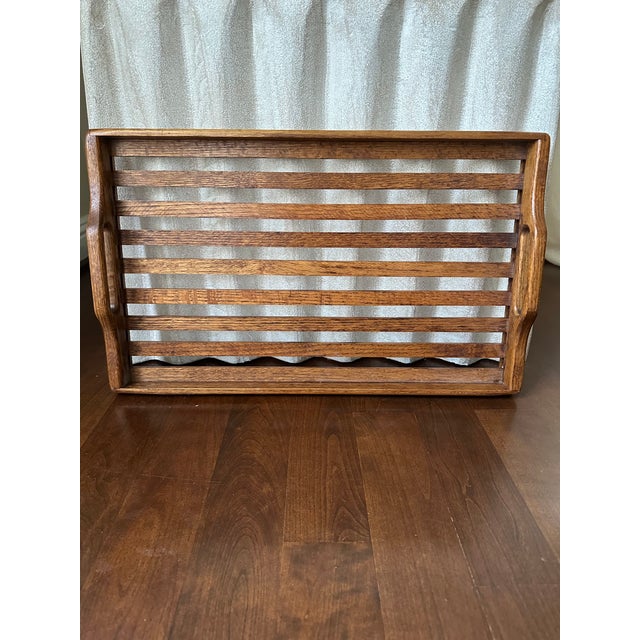 Vintage 1970’s Large Oak Slat Tray With Handles For Sale - Image 9 of 17