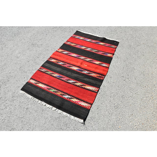 Cabin 1960s Rustic Hand Knotted Red Striped Kilim For Sale - Image 3 of 10