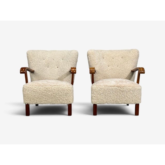 1940s Danish Cabinetmaker, Lounge Chairs, Shearling, Beech, 1940s For Sale - Image 5 of 12