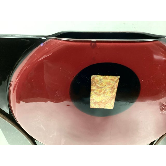 Mid-Century Modern Signed Sculptural Art Glass Vase on Iron Stand For Sale - Image 3 of 10