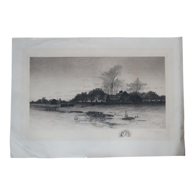 Antique Charles Frederick Mielatz Signed Country Farmhouse Etching 32" For Sale