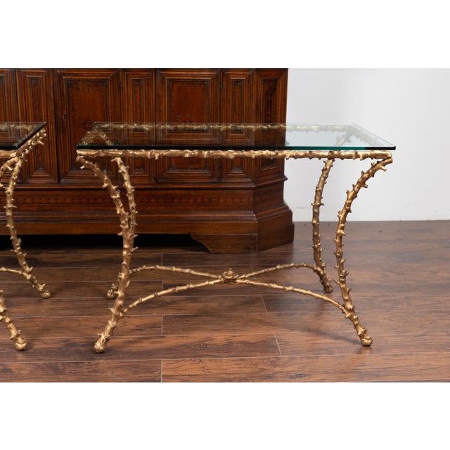 Bronze Pair of Midcentury Gilt Bronze Glass Tops Console Tables with Faux Bois Motifs For Sale - Image 8 of 12