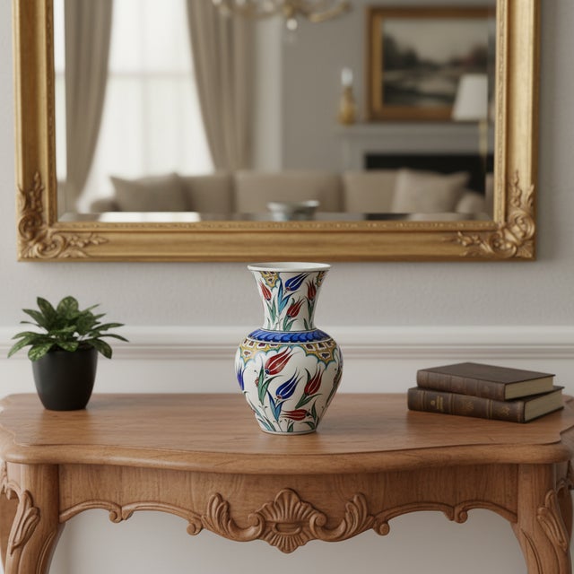 Handmade Ceramic Floral Vase (20cm) Red Tulip and Golden Garden Pattern For Sale - Image 6 of 8