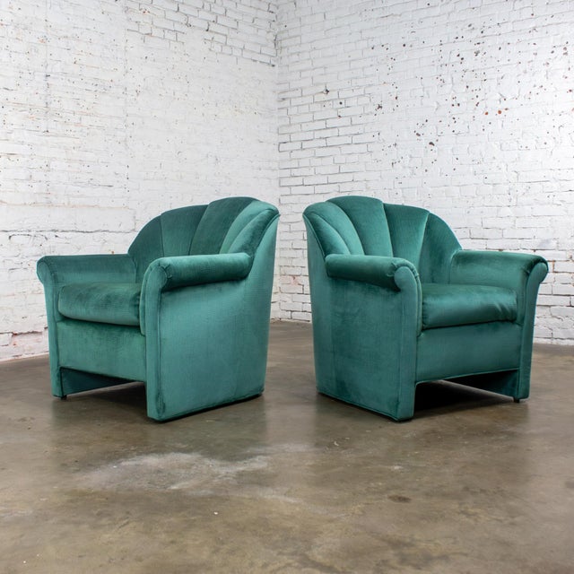 Hollywood Regency 1980’s Art Deco Revival Hollywood Regency Channeled Fan Back Club Chairs W/Teal Chenille Fabric by Perfection Furniture, a Pair For Sale - Image 3 of 18