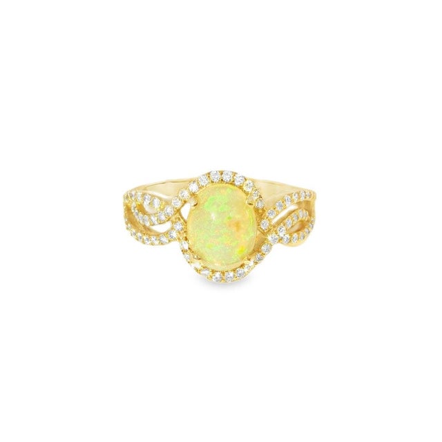 Mid-Century Modern Mid 20th Century 14k Yellow Gold Ethiopian Opal Diamond Filigree Cocktail Ring Estate, Size 7.5 For Sale - Image 3 of 4