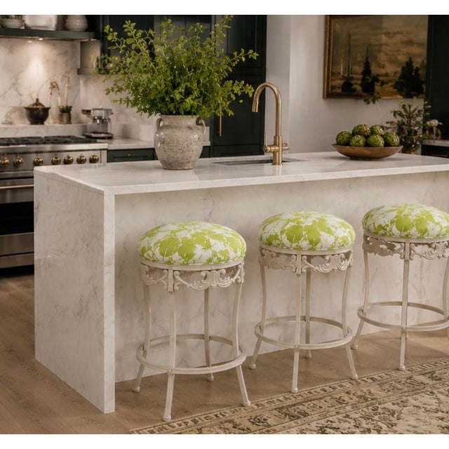Metal Summer Ivory & Lime Iron Scroll Upholstered Counter Stools (Set of 3) For Sale - Image 7 of 11