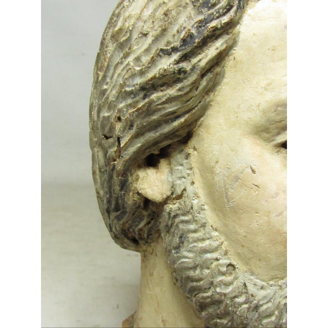 Wood Antique Spanish Colonial Hand Carved Head of a Santo For Sale - Image 7 of 15