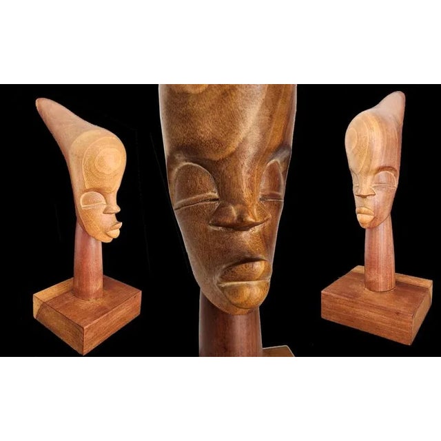 Chestnut Vintage African Hand Carved Wood Head Bust Sculpture, Artist Signed For Sale - Image 8 of 11