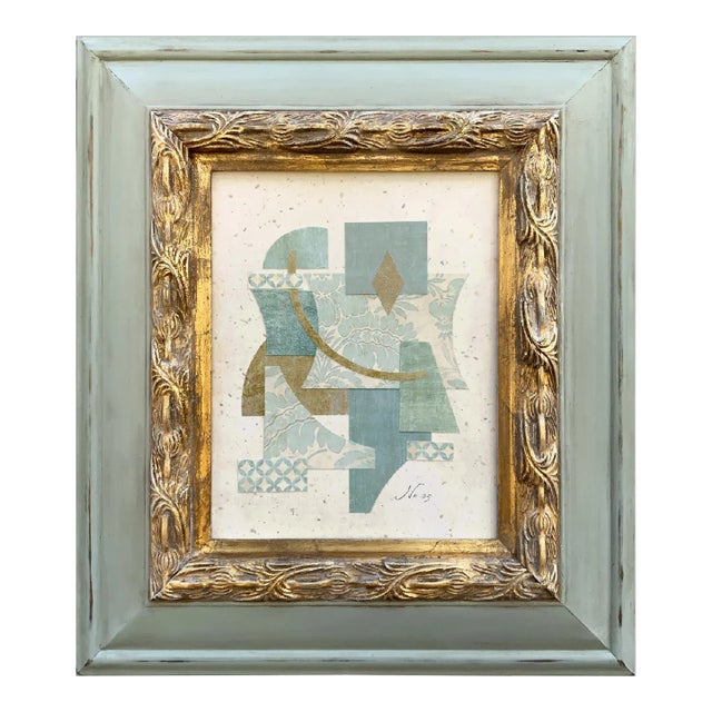 Soft Blue Abstract Collage in Vintage Frame | Chairish
