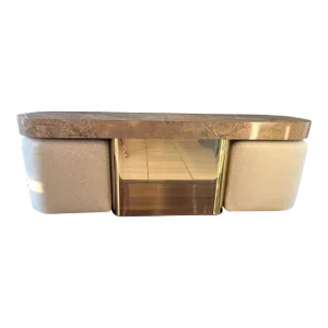 1970s Milo Baughman Design Style Long Console Table Brass Stand With 2 Ottoman Chairs Set of 3