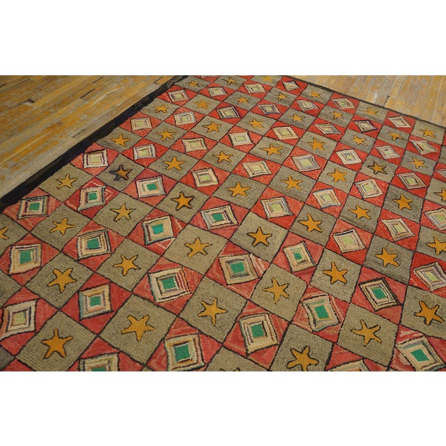 American 1920s Gray Red Geometric Folk Art Antique American Hooked Rug 6'8" X 7'5" Hand Knotted Wool Carpet For Sale - Image 3 of 15