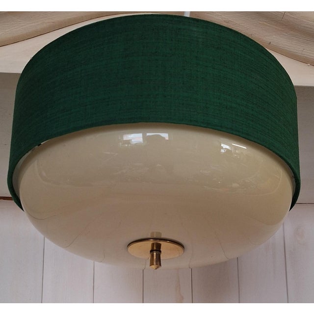 Mid-Century Ceiling Lamp with Cream-White Glass Shade in a Green Fabric Shade, 1960s For Sale - Image 4 of 8