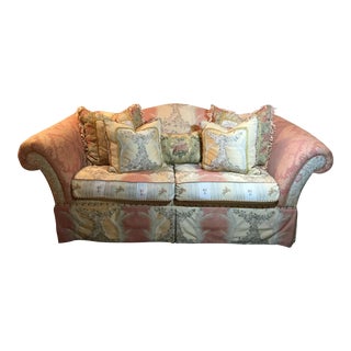 1990s Vintage Camel Back Soft Coral Sofa With Lots of Pillow and Panel Skirt For Sale
