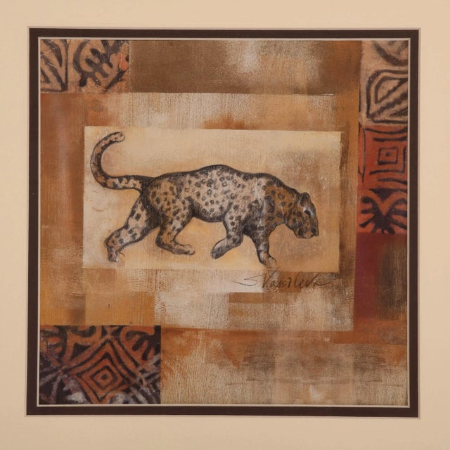 This Framed Poster showcases a stylized depiction of a leopard mid-stride, set against a layered background of earthy...