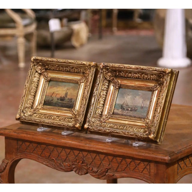 French Pair of 19th Century French Marine Oil Paintings in Giltwood Frames, Dated 1878 For Sale - Image 3 of 12