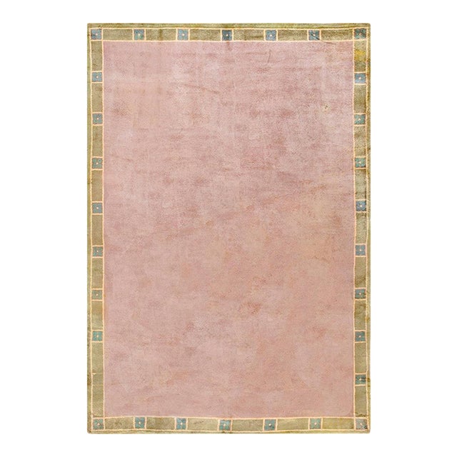 1930s Pink-Rose Open Field Antique Austrian Art Nouveau Vienna Werkstatte Rug 9'4" X 13'6" Knotted Wool Carpet For Sale
