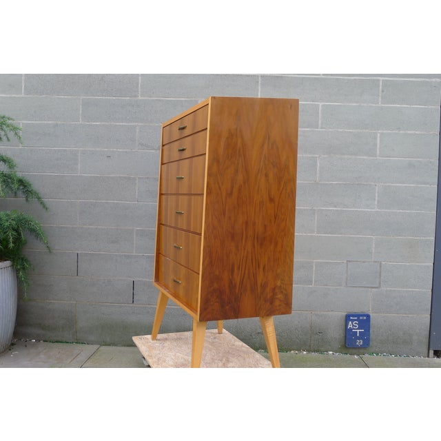 1950s Mid-Century Chest of Drawers in Walnut and Maple with Brass Handles, 1950s For Sale - Image 5 of 17