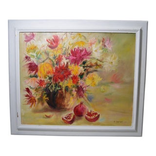 20th Century French School "Still Life With Pomegranate and Flowers" Oil on Canvas Signed by D. Spigai, Dated 70 For Sale