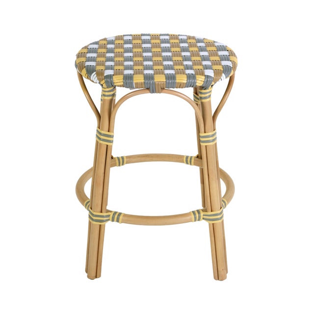 Spritely Home Accent Furniture Ballito 24.5 in. Seat Height Oval Rattan Counter Stool with Footrest, French Yellow, Brown, Gray & White For Sale - Image 4 of 8