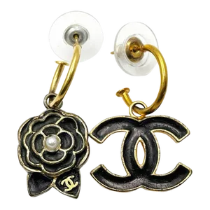 Chanel Vintage Gold Plated CC Black Camellia Asymmetrical Hoop Earrings - 2 Pieces