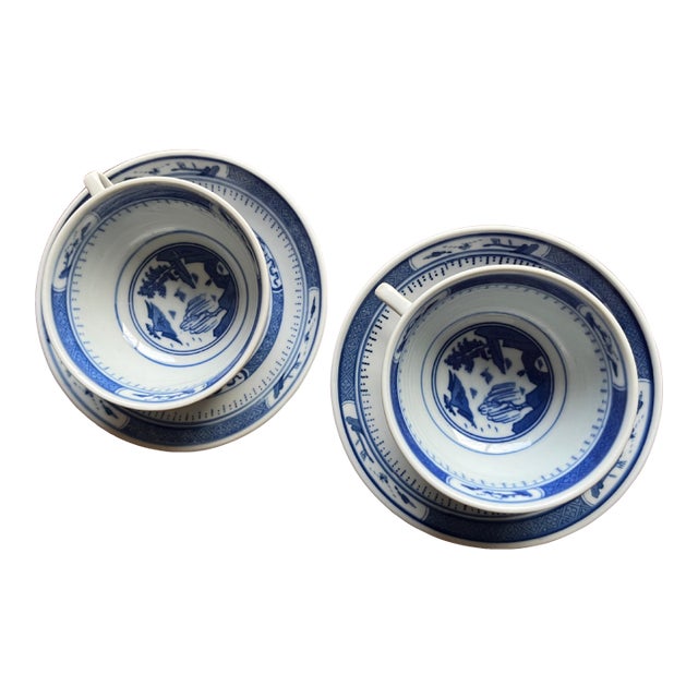 1970s St of 4 Jingdezhen Zhi,Pagoda Blue/Wht., Porcelain Tea Cups and Saucers For Sale