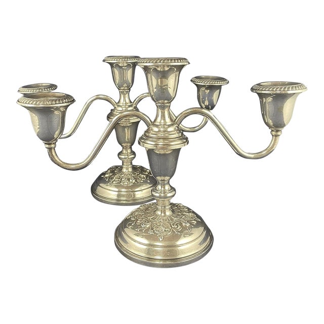 Pair of Gorham Buttercup Weighted Sterling 3 Light Floral Candelabra Circa 1950's For Sale