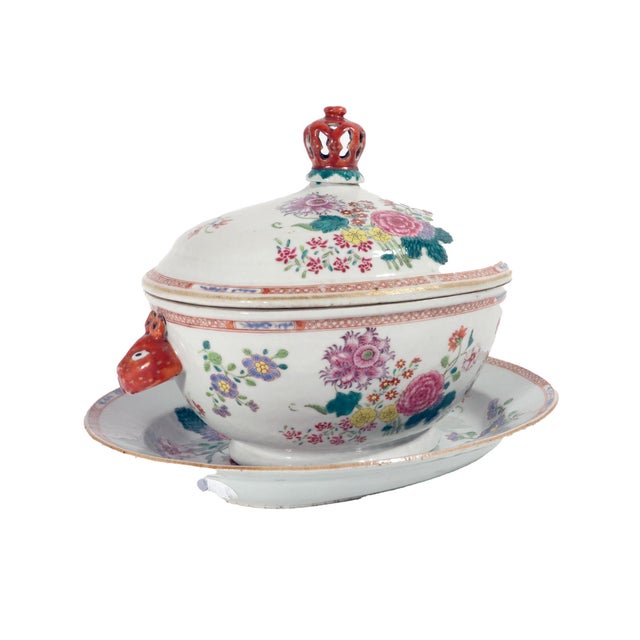 Chinese Export Famille Rose Tureen & Stand, Circa 1765 A magnificent Chinese Export porcelain soup tureen, cover, and...