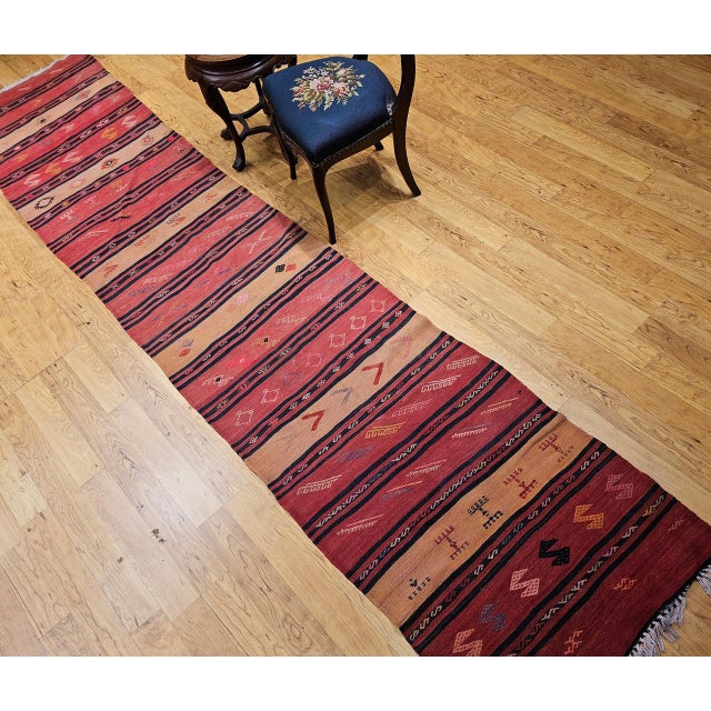 Textile Vintage Turkish Kilim Runner, Handwoven Wool, Stripe Pattern, Brick Red, 3x13 For Sale - Image 7 of 9