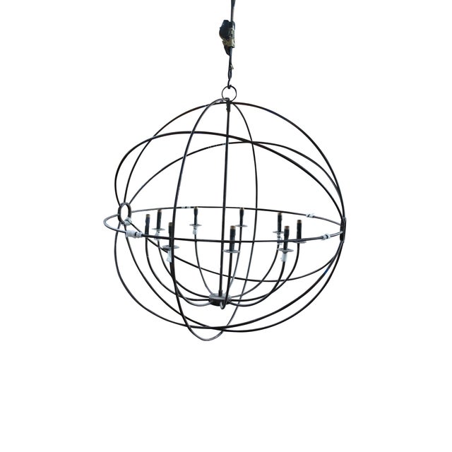 Mid-Century Modern Restoration Hardware Timothy Oulton Foucault 9 Arm Iron Gyroscope Orb Chandelier For Sale - Image 3 of 8
