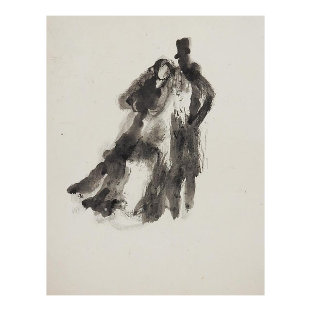 Early 20th Century French Impressionist Study of Couple Watercolor Painting For Sale