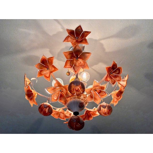 1980s Vintage Italian Murano Style Amber Brown Floral Chandelier - Porcelain Body With Crystal Teardrops For Sale - Image 5 of 18