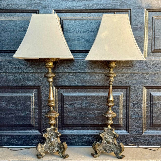 RARE PAIR OF 17TH-CENTURY ITALIAN BAROQUE BRONZE ALTAR CANDELABRA — LAMP CONVERSIONS An exceptional matched pair of...