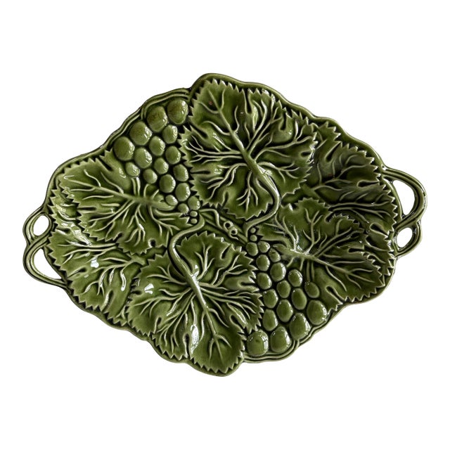 Antique Majolica Green Ceramic Tray Shaped Like Grape Leaves and Fruits, Made in Portugal. For Sale