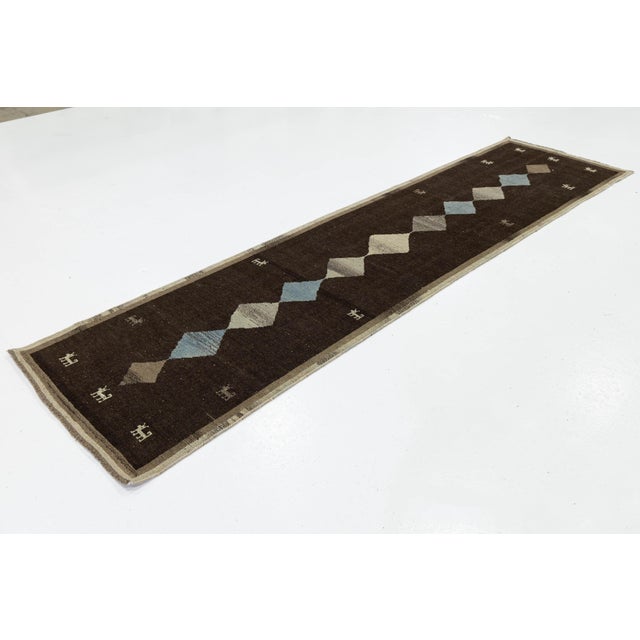Textile Hand-Knotted Modern Gabbeh Wool Runner – Dark Brown Tribal With Diamond Pattern For Sale - Image 7 of 7